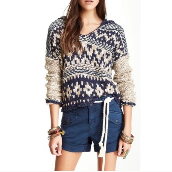 Free People Fairisle Hooded Sweater High Low Hem Oversized XS Navy Cream NWT - Picture 14 of 16